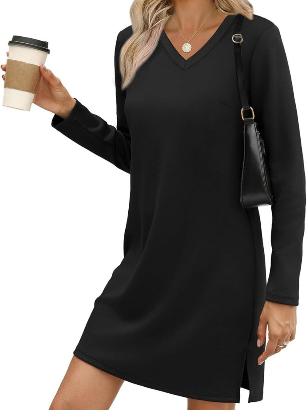 Dresses for Women 2025 Casual Long Sleeve V Neck Tshirt Dress Side Split Fashion